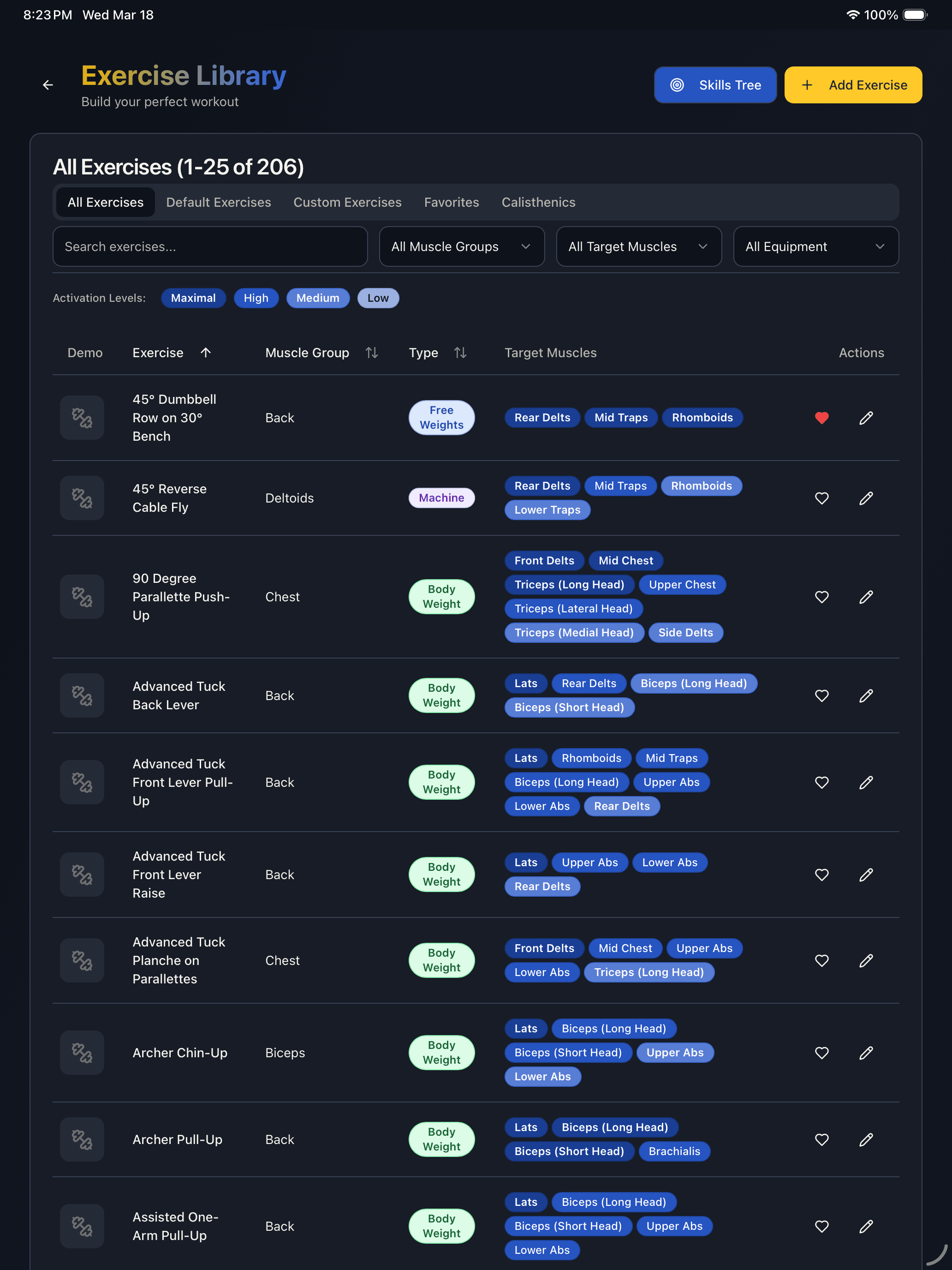 Exercise library showing muscle targeting filters and exercise cards