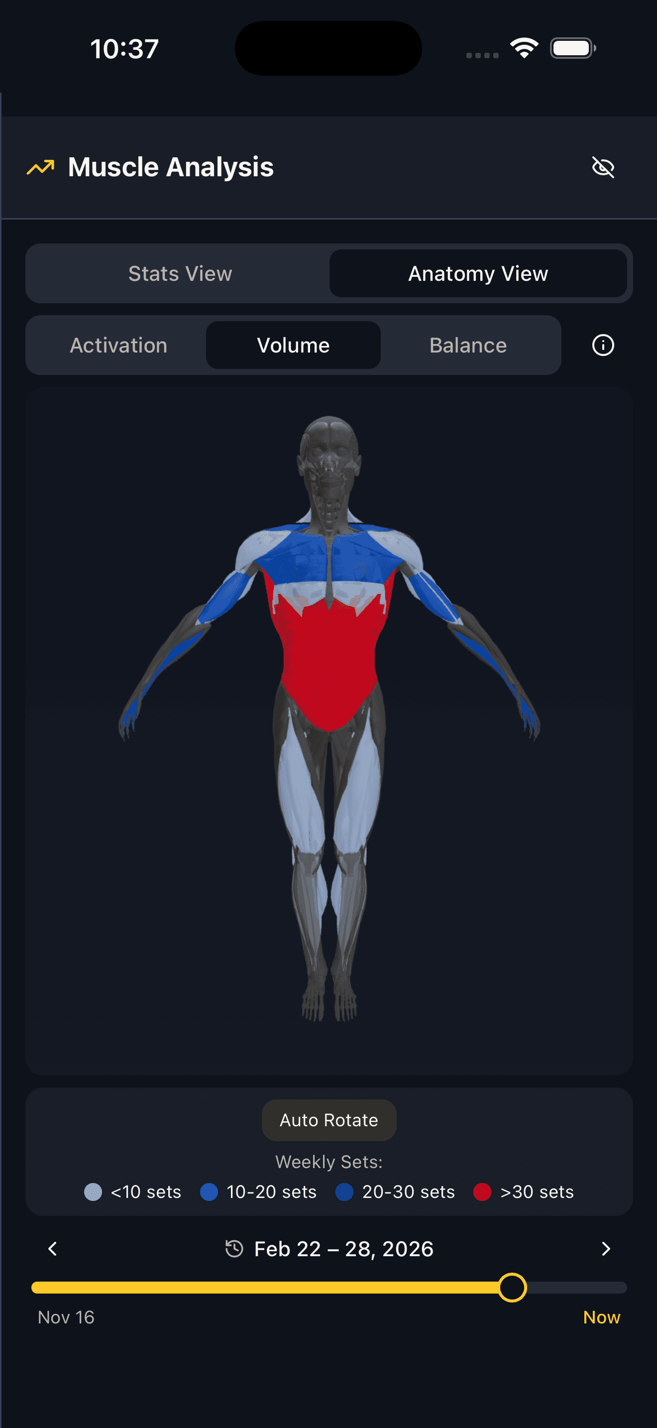 3D muscle model showing red zone overtraining alerts