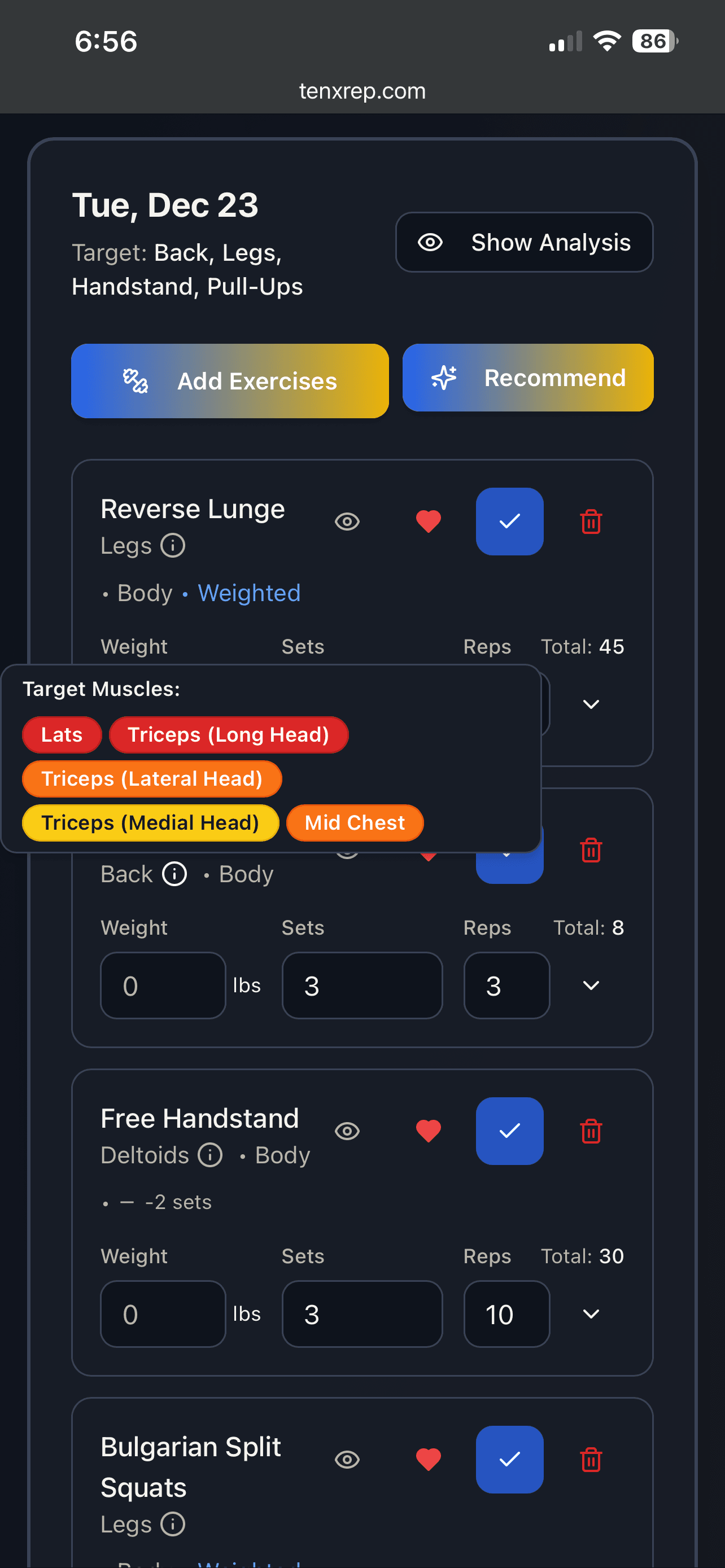 Exercise card showing muscle breakdown with primary and secondary targets