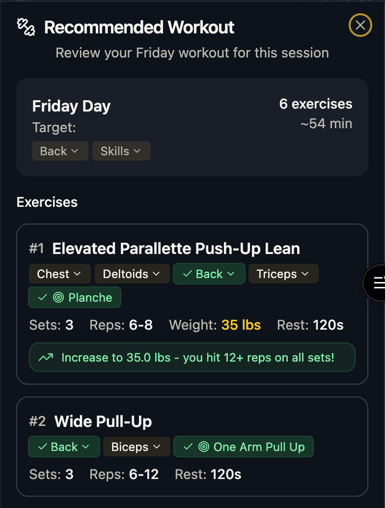 Workout recommendation interface with personalized exercise suggestions